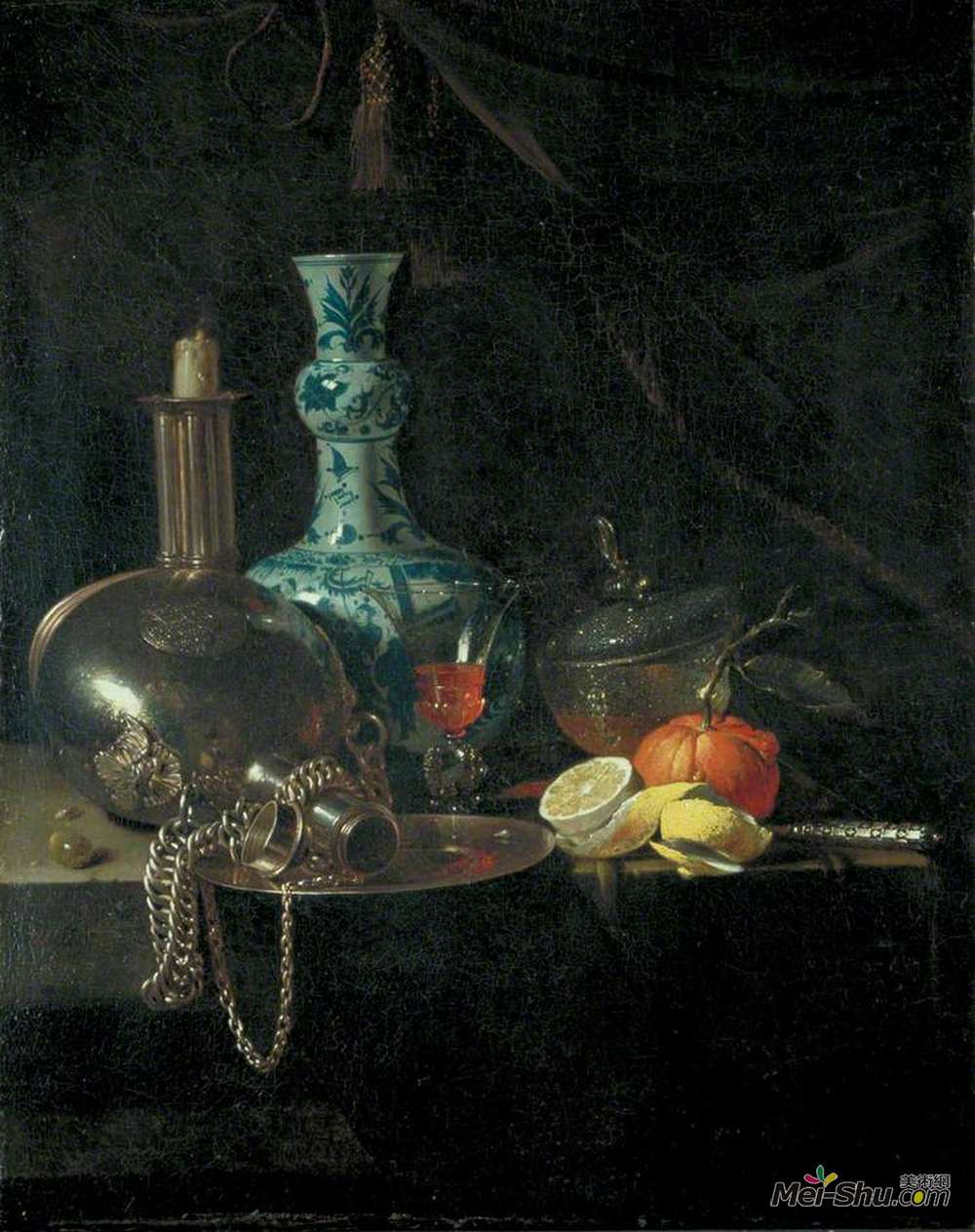 威廉·考尔夫(Willem Kalf)高清作品《静物与朝圣烧瓶，烛台，瓷花瓶》