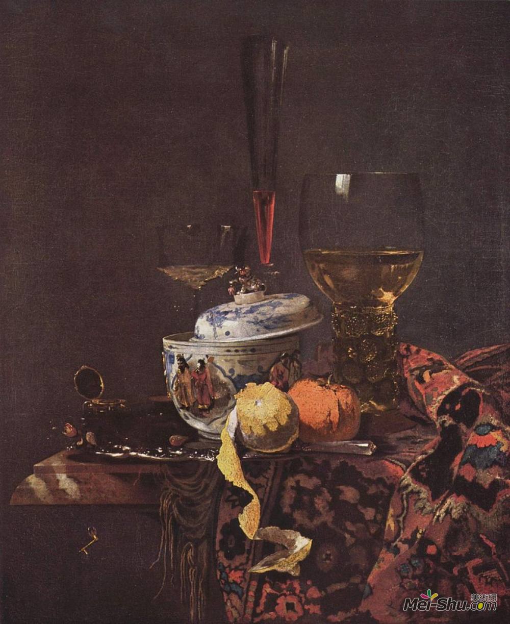 《静物玻璃器皿和瓷碗》威廉·考尔夫(willem kalf)高清作品欣赏