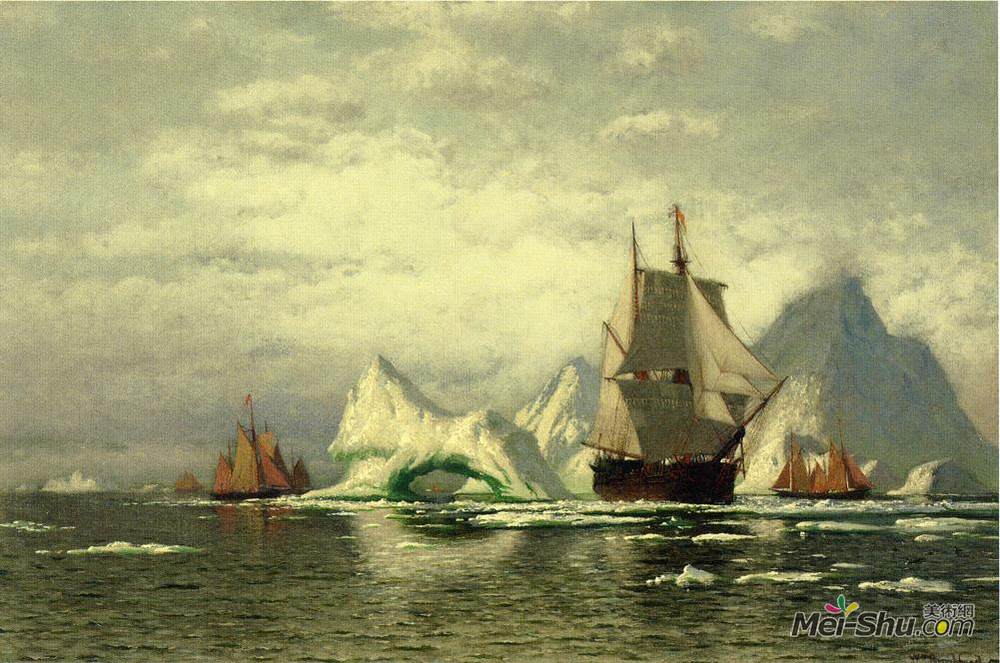 列夫拉格里奥(William Bradford)高清作品《北极捕鲸者在冰山中向家里驶去》