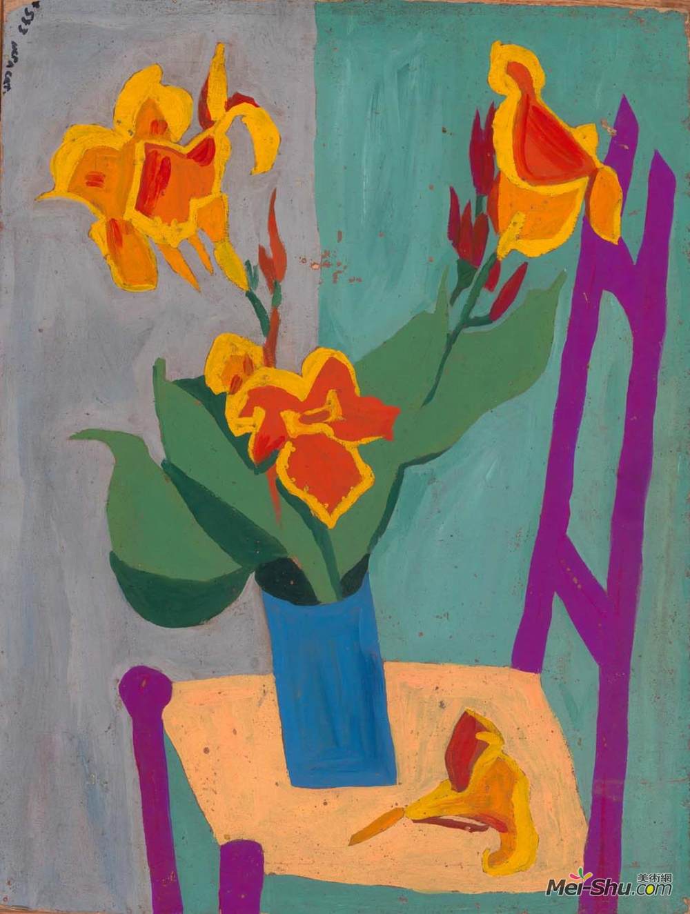 威廉·H·约翰逊(William H. Johnson)高清作品《静物 - 椅子和鲜花》