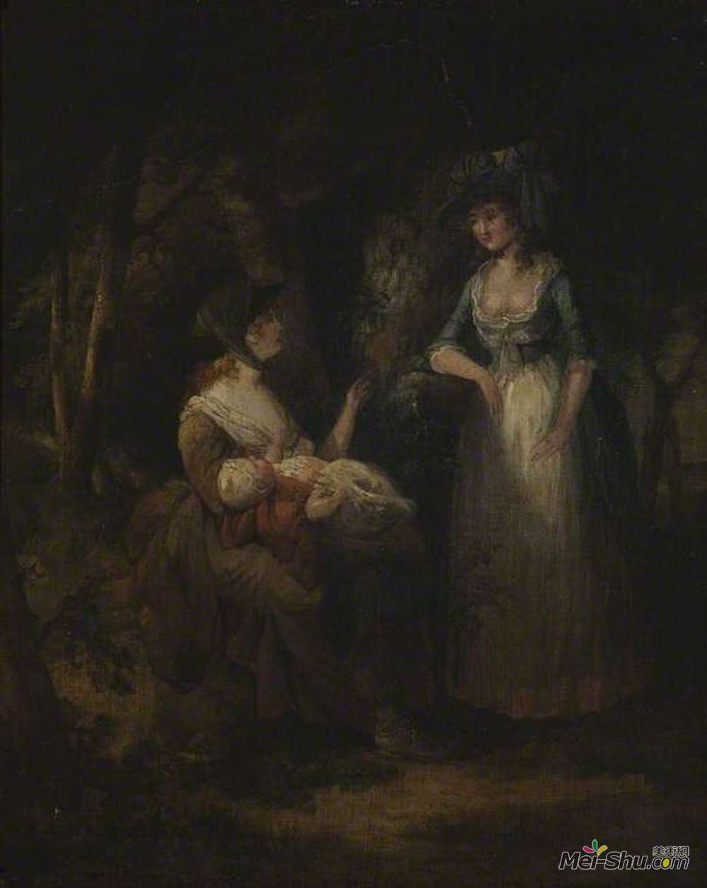 威廉·汉密尔顿(William Hamilton)高清作品《两个带着孩子在树林里交谈的女人》