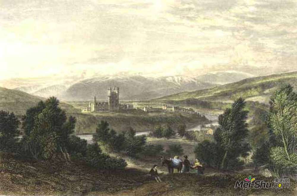 威廉·莱顿·里奇(William Leighton Leitch)高清作品《Balmoral castle, drawn by Leitch, engraved by J. Godfrey》