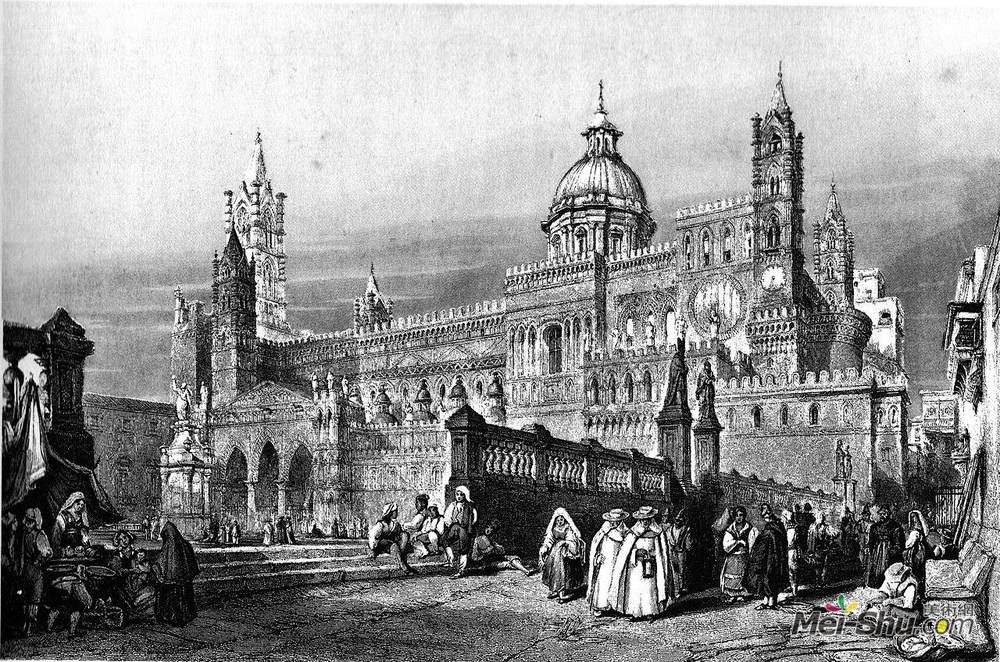 威廉·莱顿·里奇(William Leighton Leitch)高清作品《Palermo cathedral, drawing by Leitch, engraving by J.H. Le K》