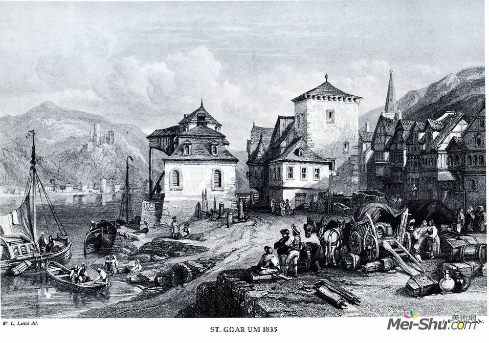 威廉·莱顿·里奇(William Leighton Leitch)高清作品《St. Goar um 1835, engraving by J.W. Archer after Leitch》