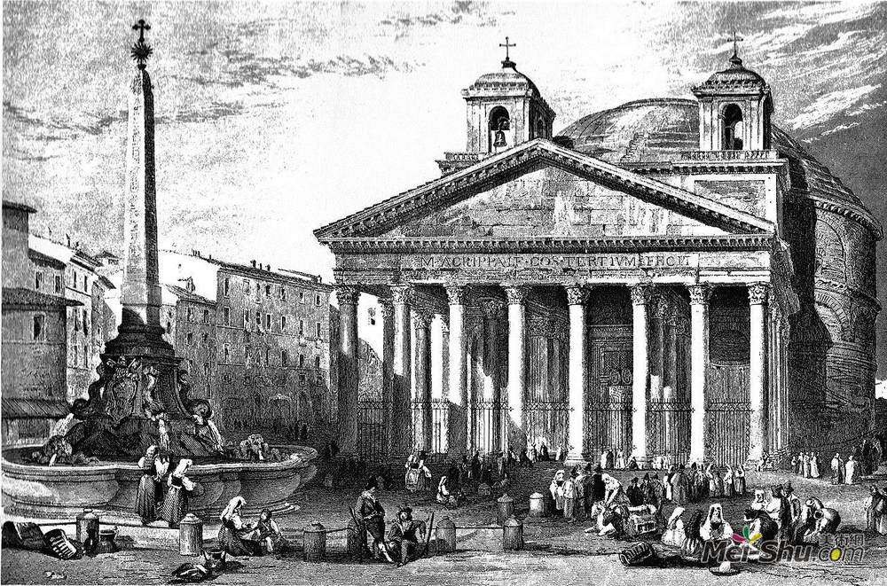 威廉·莱顿·里奇(William Leighton Leitch)高清作品《The Pantheon in Rome, drawing by Leitch, engraving by W.B. C》