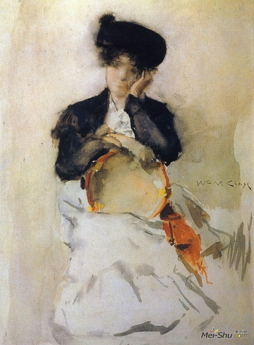 威廉·梅里特·切斯(William Merritt Chase)高清作品《小手鼓的女孩》