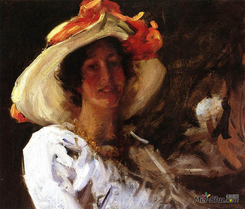 威廉·梅里特·切斯(William Merritt Chase)高清作品《Portrait of Clara Stephens Wearing a Hat with an Orange Ribb》