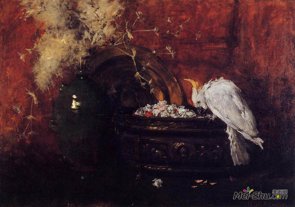 威廉·梅里特·切斯(William Merritt Chase)高清作品《凤头鹦鹉的静物》