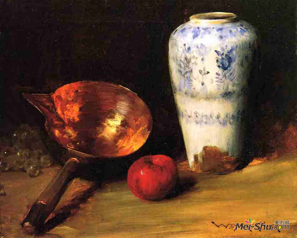 威廉·梅里特·切斯(William Merritt Chase)高清作品《Still Liife with China Vase, Copper Pot, an Apple and a Bunc》