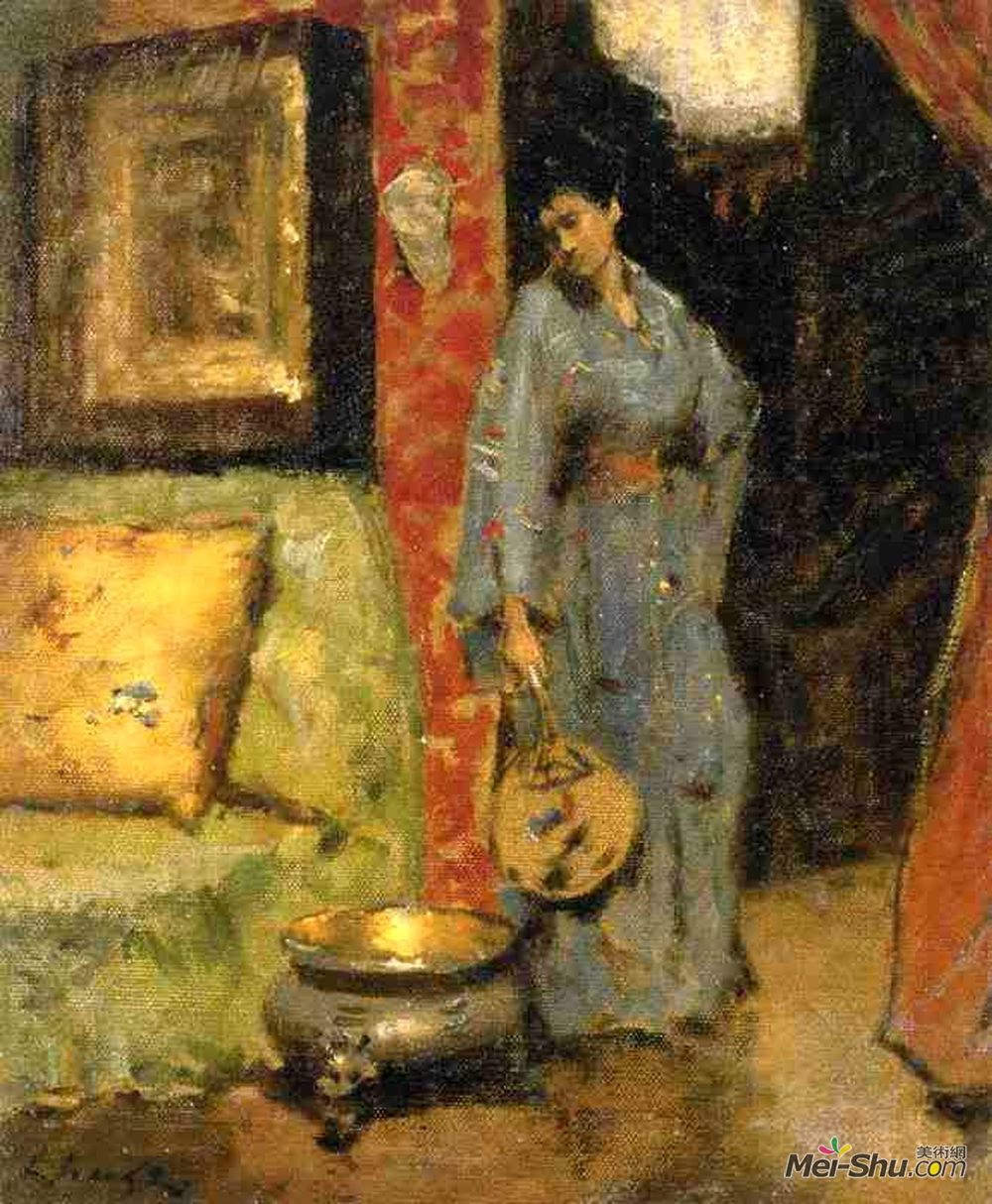 威廉·梅里特·切斯(William Merritt Chase)高清作品《和服女子手持日本扇子》