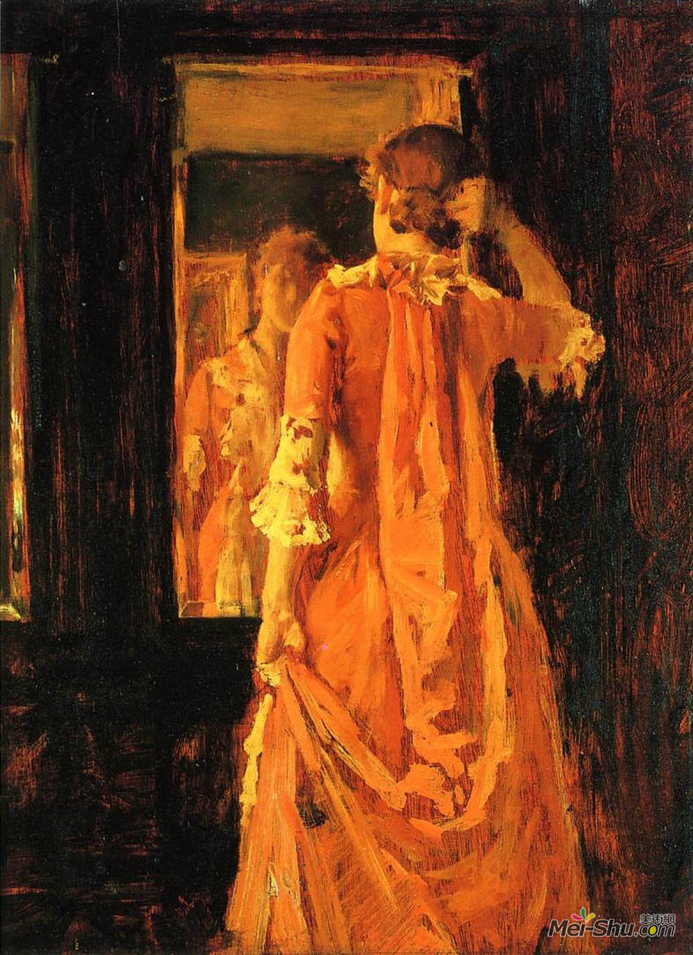 威廉·梅里特·切斯(William Merritt Chase)高清作品《镜子前的年轻女人》