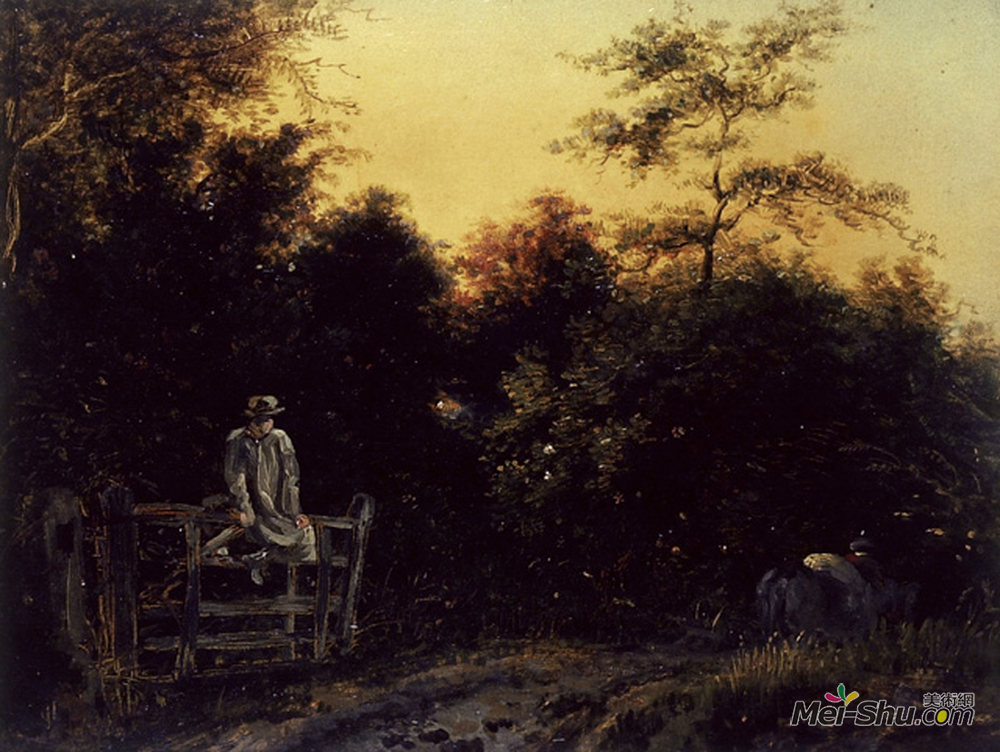 威廉·威廉姆斯(William Williams)高清作品《山路上的风景和坐在大门上的人》
