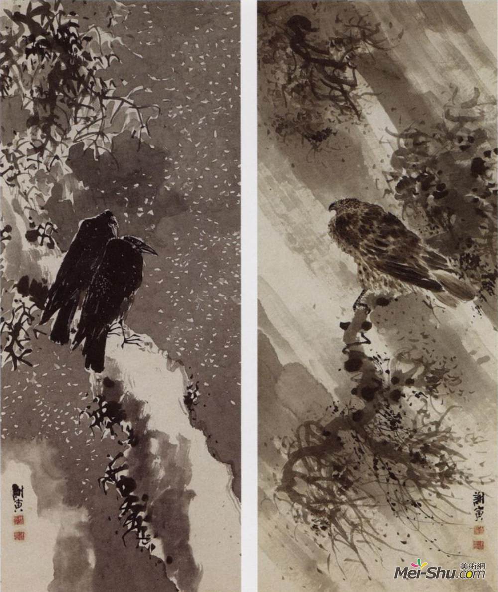 与谢芜村(Yosa Buson)高清作品《一只黑鹰和两只乌鸦》