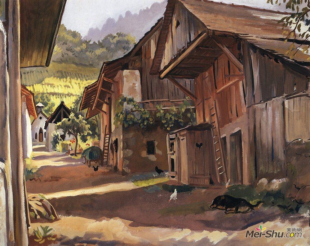 齐内达·塞莱布里阿库娃(Zinaida Serebriakova)高清作品《阿尔卑斯山。萨瓦的村庄》