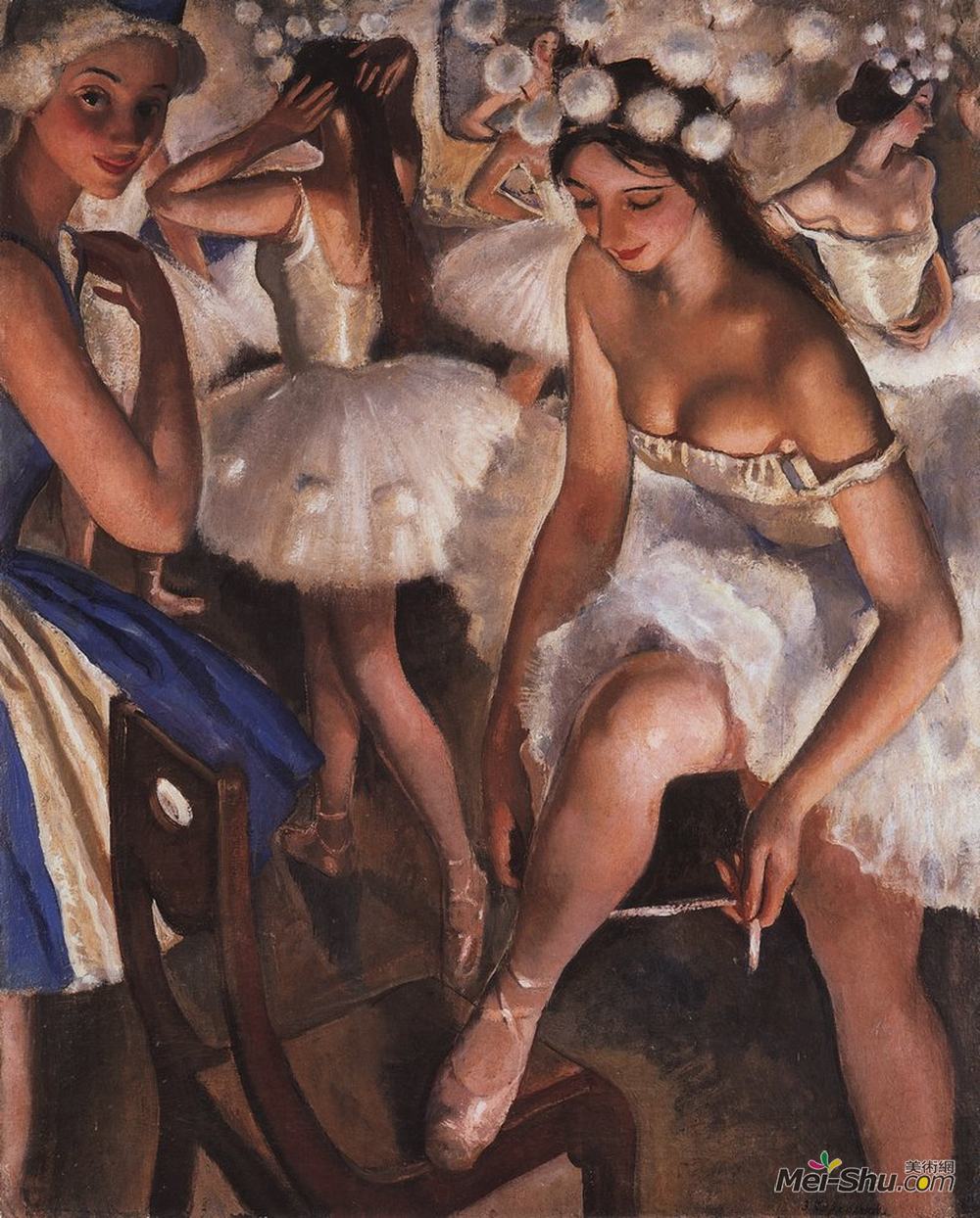 齐内达·塞莱布里阿库娃(Zinaida Serebriakova)高清作品《更衣室里的芭蕾舞女演员》