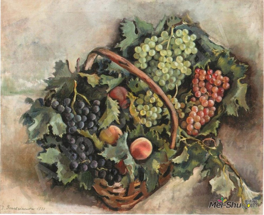 齐内达·塞莱布里阿库娃(Zinaida Serebriakova)高清作品《葡萄和桃子篮子》
