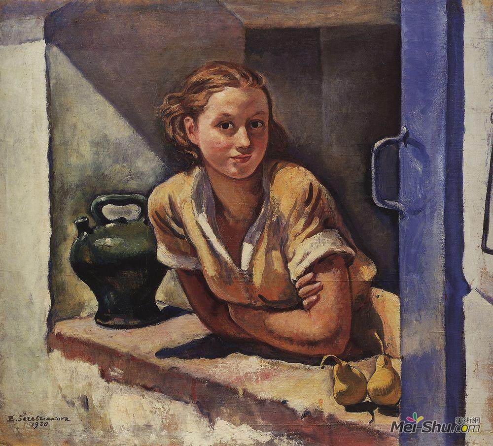 齐内达·塞莱布里阿库娃(Zinaida Serebriakova)高清作品《Collioure. Katia on the terrace》