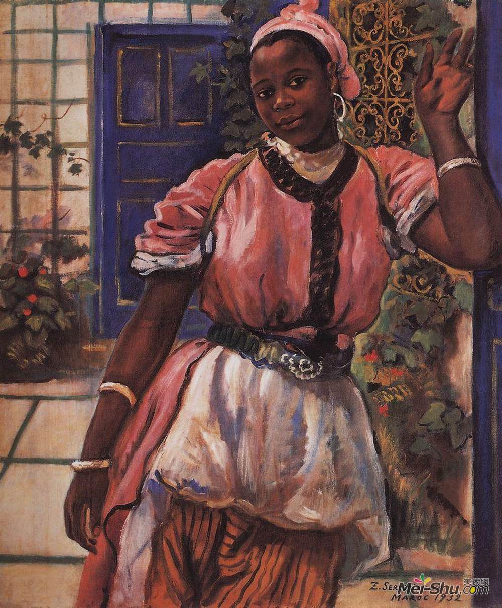 齐内达·塞莱布里阿库娃(Zinaida Serebriakova)高清作品《摩洛哥女人穿着粉红色连衣裙》