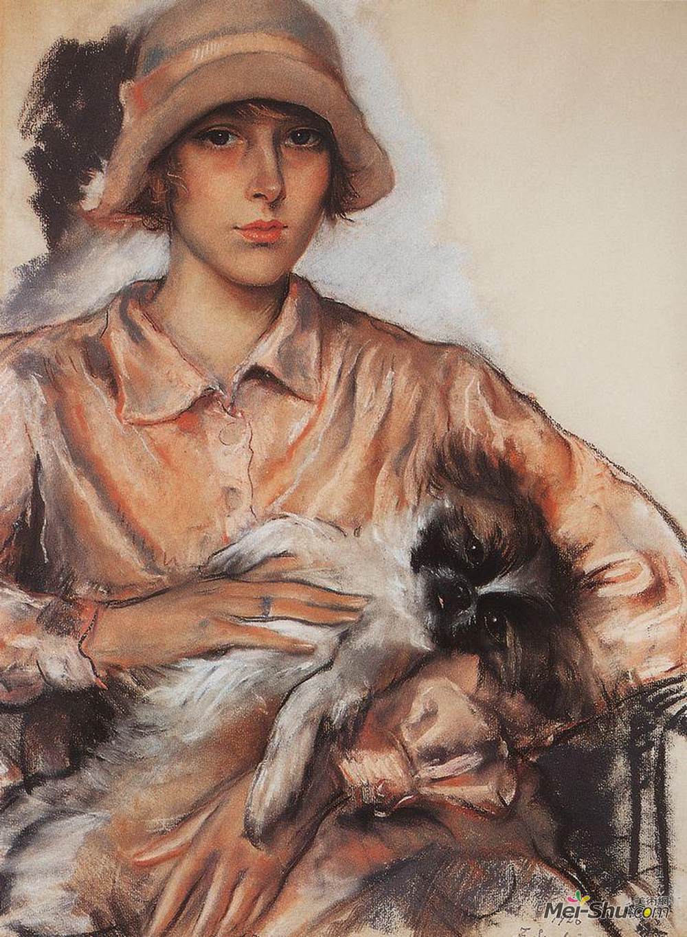 齐内达·塞莱布里阿库娃(Zinaida Serebriakova)高清作品《Portrait of a Lady I. Whelan with a Lapdog》