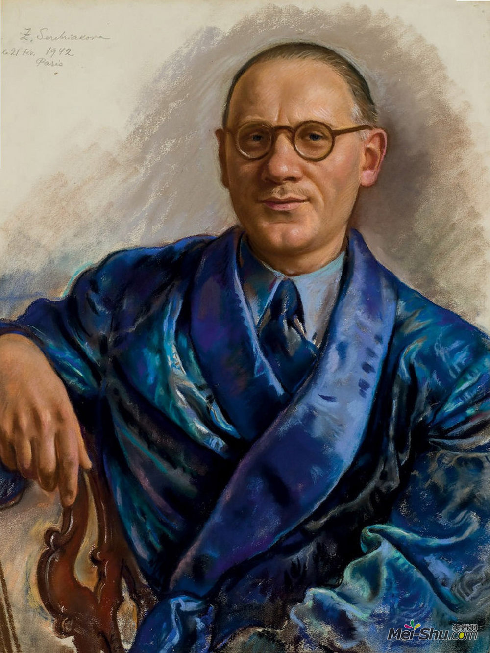齐内达·塞莱布里阿库娃(Zinaida Serebriakova)高清作品《Portrait of Alexandre Popoff in a smoking jacket》