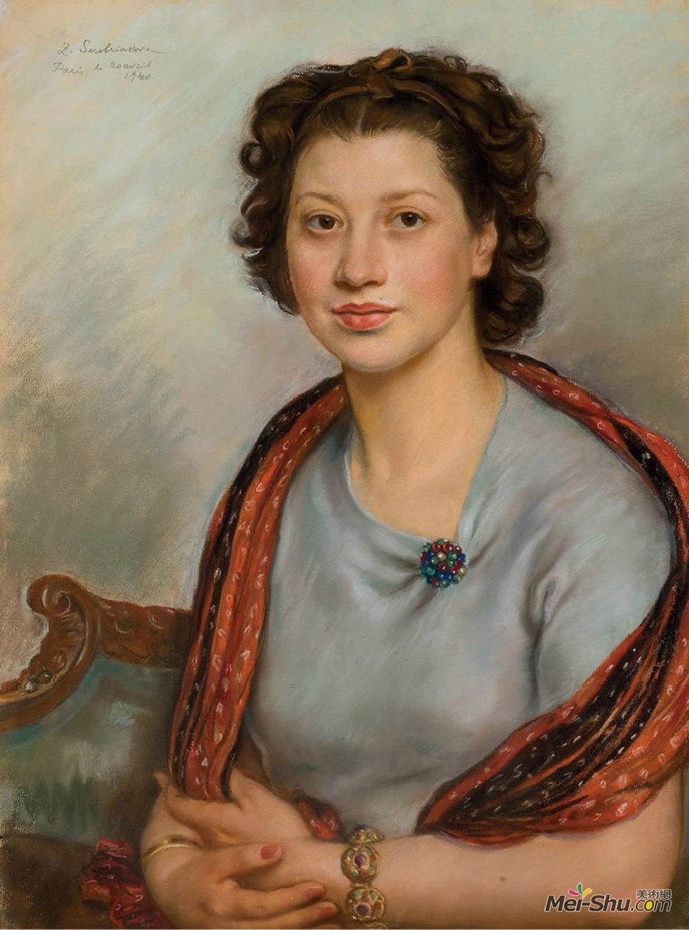 齐内达·塞莱布里阿库娃(Zinaida Serebriakova)高清作品《Portrait of Bertha Popoff in a red shawl》