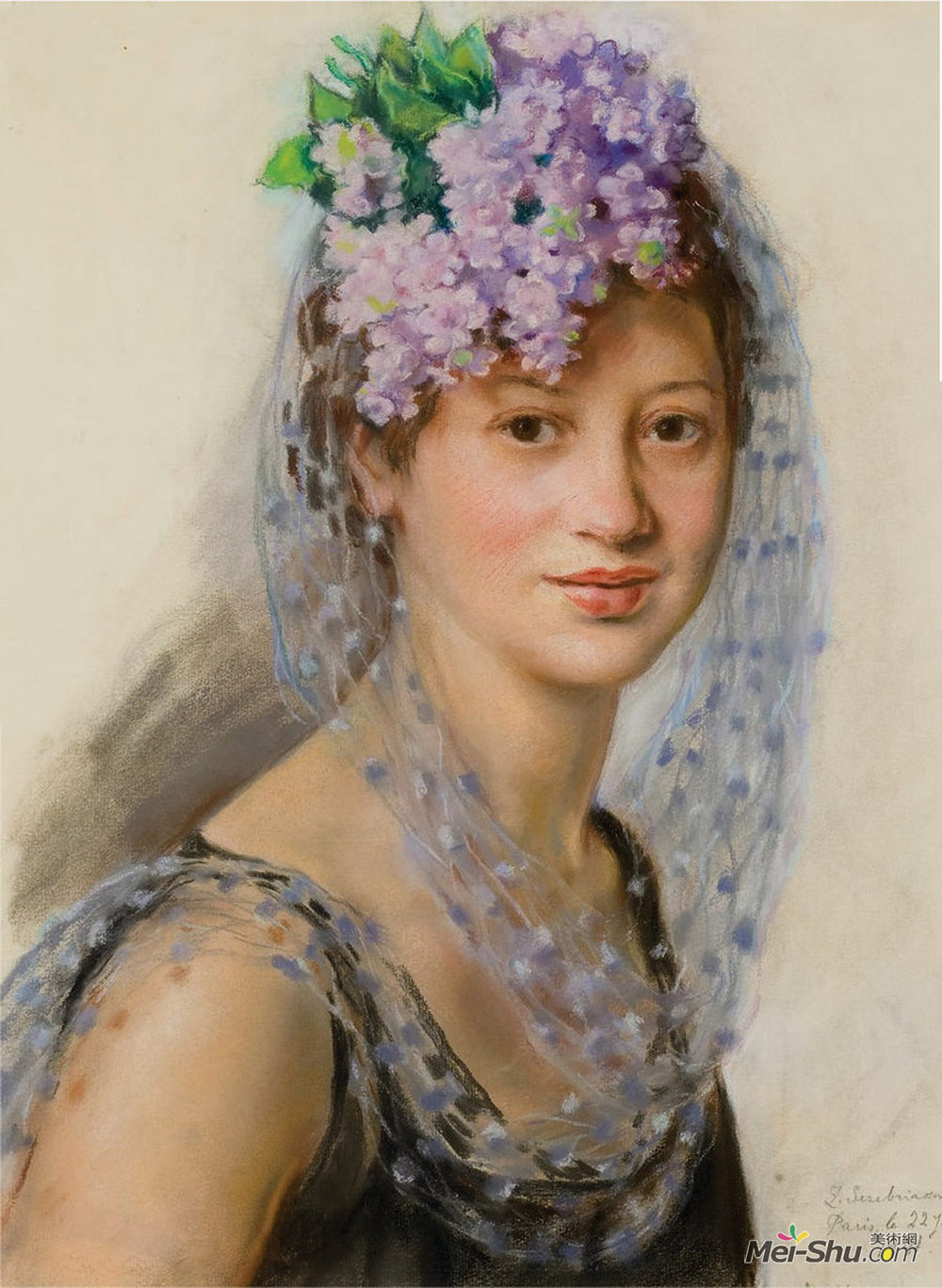 齐内达·塞莱布里阿库娃(Zinaida Serebriakova)高清作品《Portrait of Berthe Popoff in a floral fascinator》