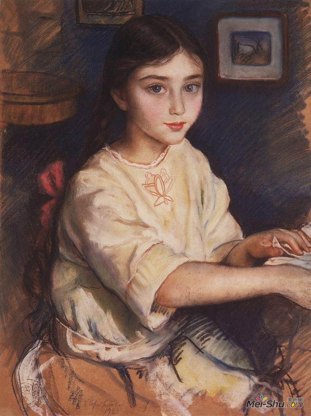齐内达·塞莱布里阿库娃(Zinaida Serebriakova)高清作品《Portrait of O.I. Rybakova in childhood》