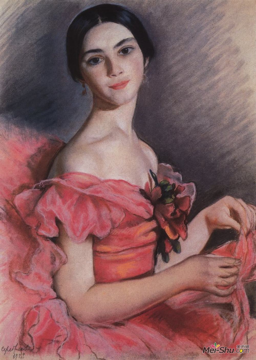 齐内达·塞莱布里阿库娃(Zinaida Serebriakova)高清作品《Portrait of Yekaterina Heidenreich in Red》