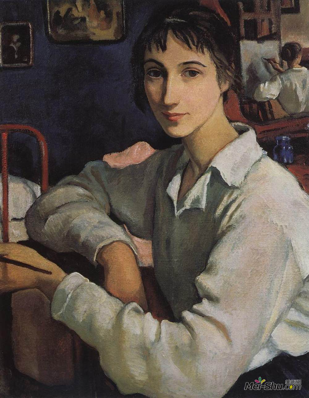 齐内达·塞莱布里阿库娃(Zinaida Serebriakova)高清作品《白衬衫上的自画像》