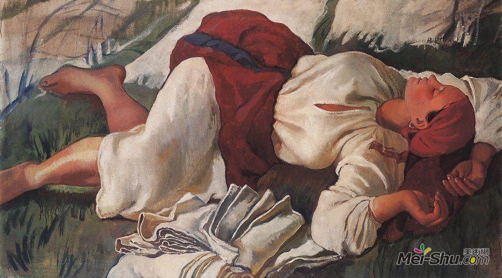 齐内达·塞莱布里阿库娃(Zinaida Serebriakova)高清作品《熟睡的农民》
