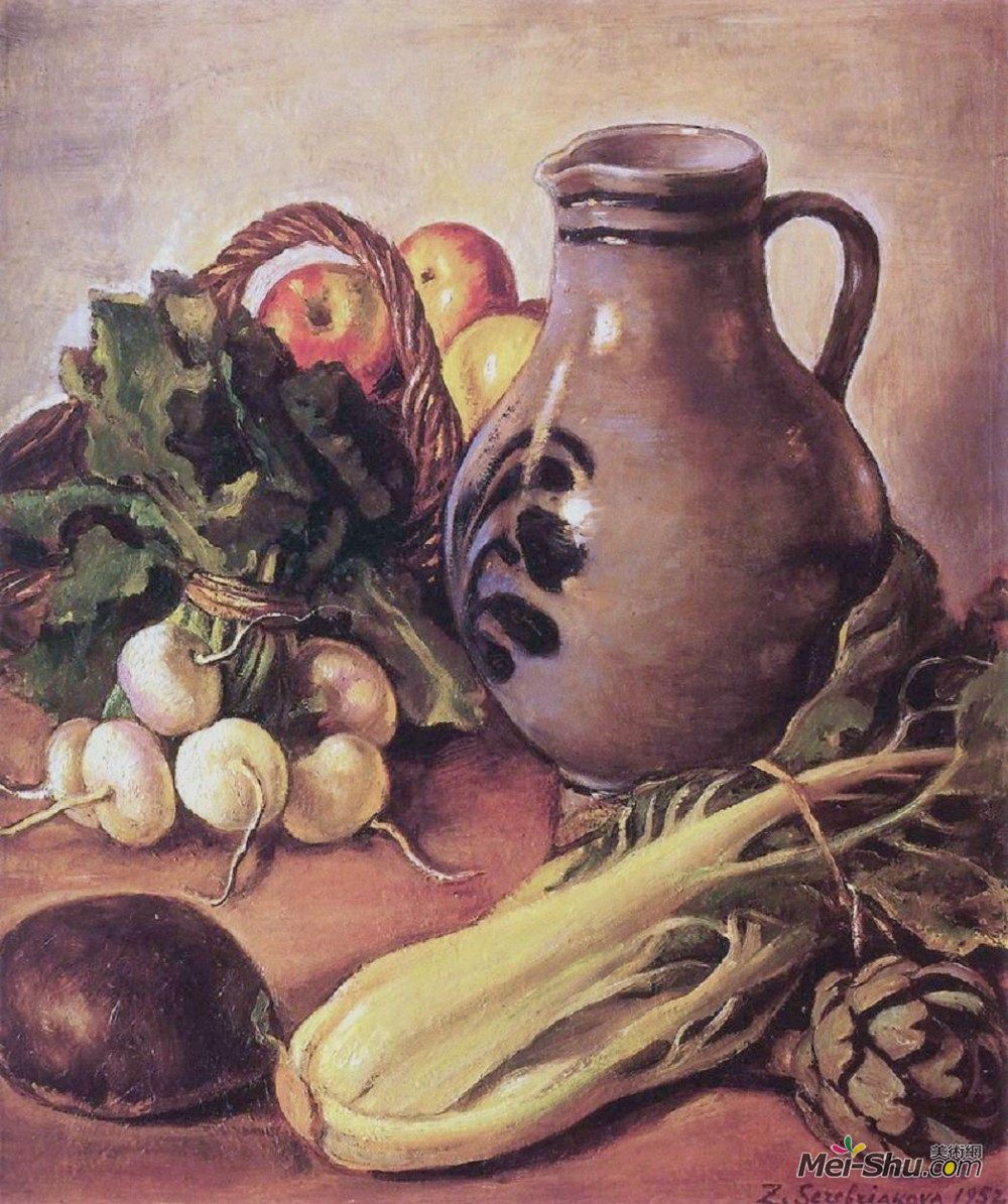 齐内达·塞莱布里阿库娃(Zinaida Serebriakova)高清作品《水壶静物》