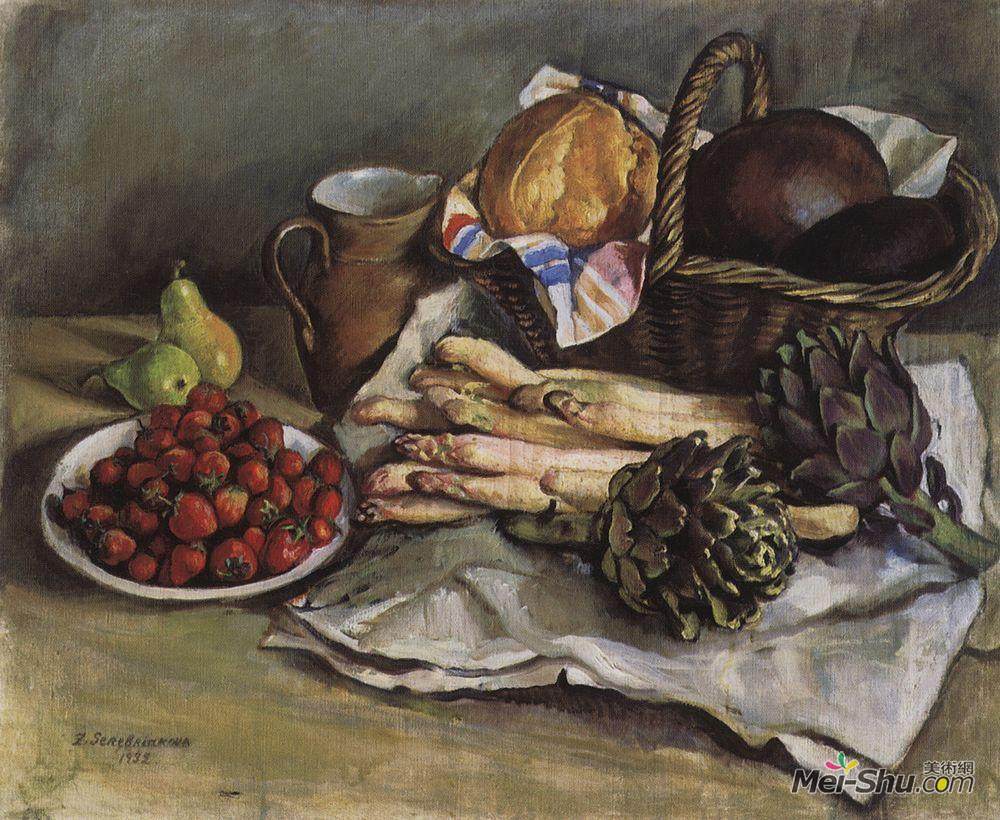 齐内达·塞莱布里阿库娃(Zinaida Serebriakova)高清作品《芦笋和草莓的静物》