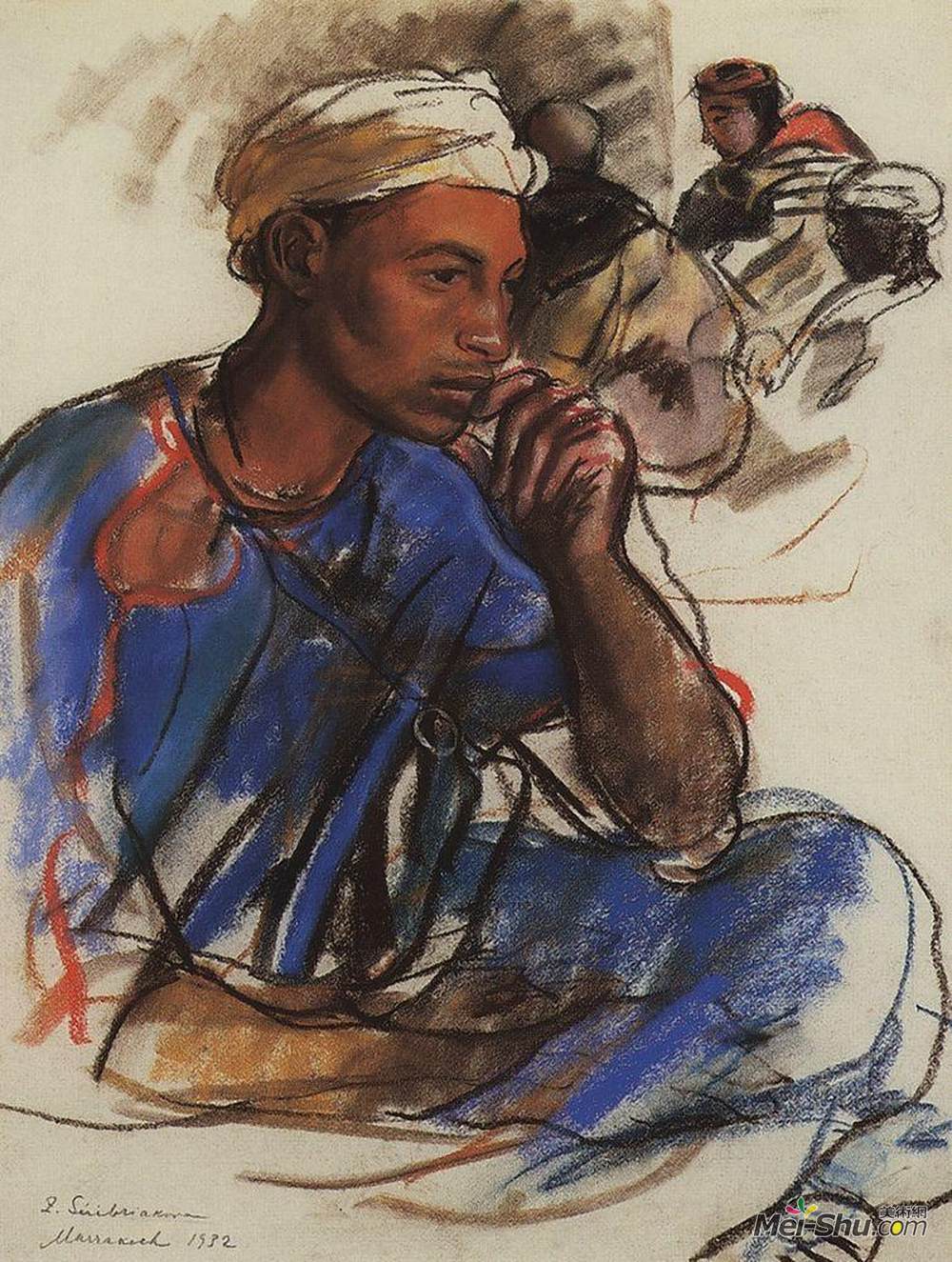 齐内达·塞莱布里阿库娃(Zinaida Serebriakova)高清作品《蓝色的有思想的人。＆＃160;马拉喀什》