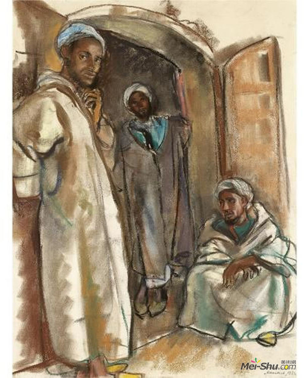 齐内达·塞莱布里阿库娃(Zinaida Serebriakova)高清作品《门口有三个人。马拉喀什》