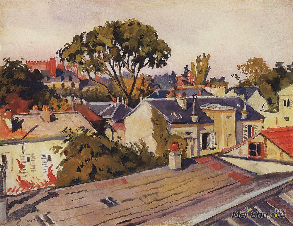 齐内达·塞莱布里阿库娃(Zinaida Serebriakova)高清作品《Versailles. The roofs of the city》