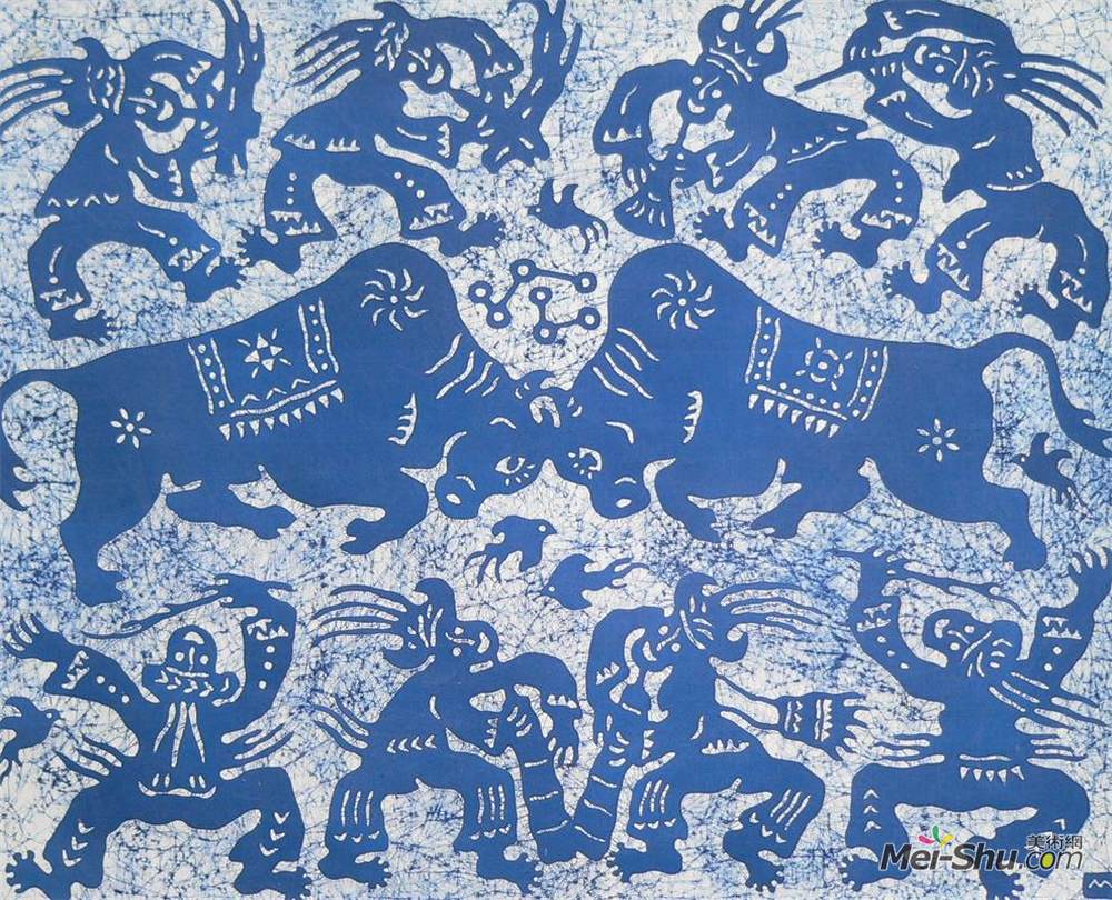 《斗牛图》蜡染画（90x90cm）-布面
