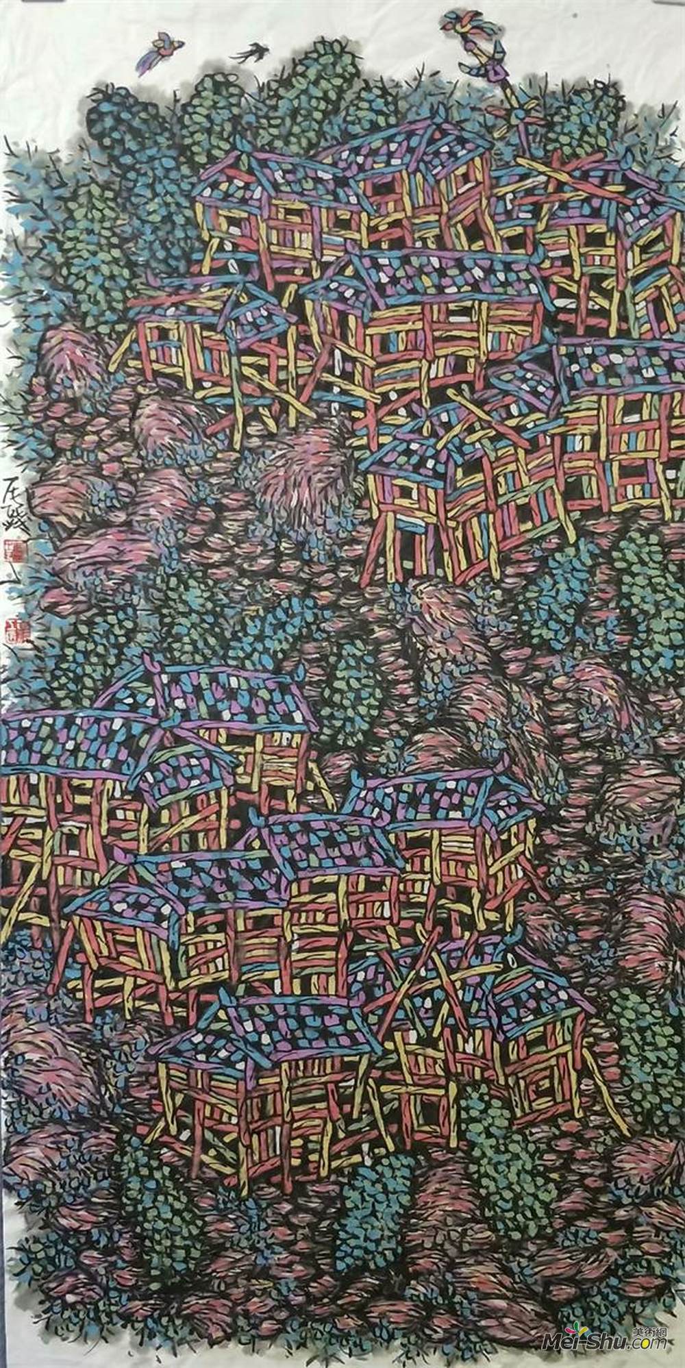 《高山苗寨一》重彩画（136x68cm）-纸本