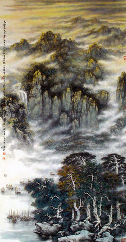 天际霞光入水中