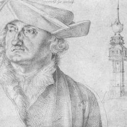 阿尔布雷希特·丢勒(Albrecht Durer)高清作品:Portrait of Lazarus Ravensburger and the turrets of the cour