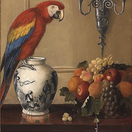 《金刚鹦鹉、花瓶和水果的静物》亚历山大·波佩(Alexander Pope)高清作品欣赏