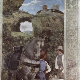 安德烈亚·曼特尼亚(Andrea Mantegna)高清作品:Horse and groom with hunting dogs, from the Camera degli Spo