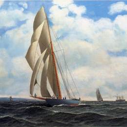 安东尼奥杰克布森(Antonio Jacobsen)高清作品:The Yacht Defender, on a Leeward Reach by Sandy Hook