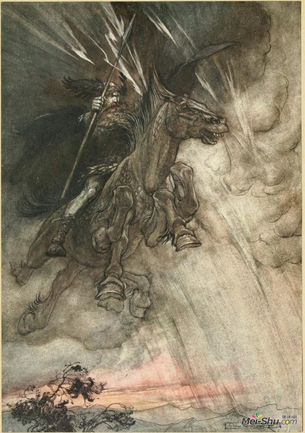 《狂暴,沃坦,騎到岩石》亞瑟·拉克姆(arthur rackham)高清作品欣賞