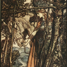 亚瑟·拉克姆(Arthur Rackham)高清作品:Br&amp;ampünnhilde slowly and silently leads her horse down