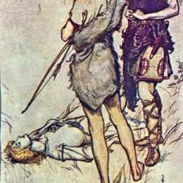 《伊莫金的两个兄弟带她去了一个阴暗的公司。》亚瑟·拉克姆(Arthur Rackham)高清作品欣赏