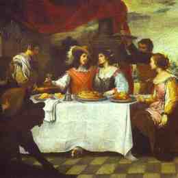 《浪子与妓女一起吃饭》巴托洛梅·埃斯特万·穆立罗(Bartolome Esteban Murillo)高清作品欣赏