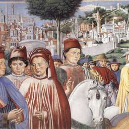 《圣奥古斯丁出发前往米兰（详情）》贝诺佐·哥佐利(Benozzo Gozzoli)高清作品欣赏