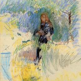 《抱着一只狗的年轻女子》贝尔特·摩里索特(Berthe Morisot)高清作品欣赏