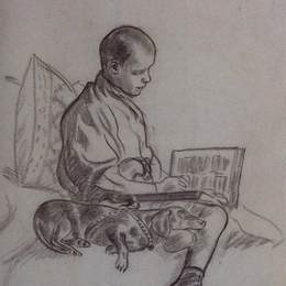 鲍里斯·克斯托依列夫(Boris Kustodiev)高清作品:Boy with dog (Portrait of Cyril Kustodiev, son of the artist