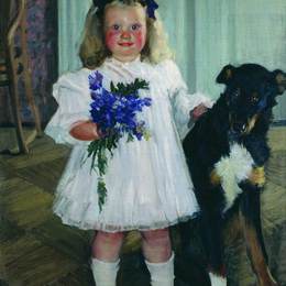 鲍里斯·克斯托依列夫(Boris Kustodiev)高清作品:Portrait of Irina Kustodiev with the dog Shumka